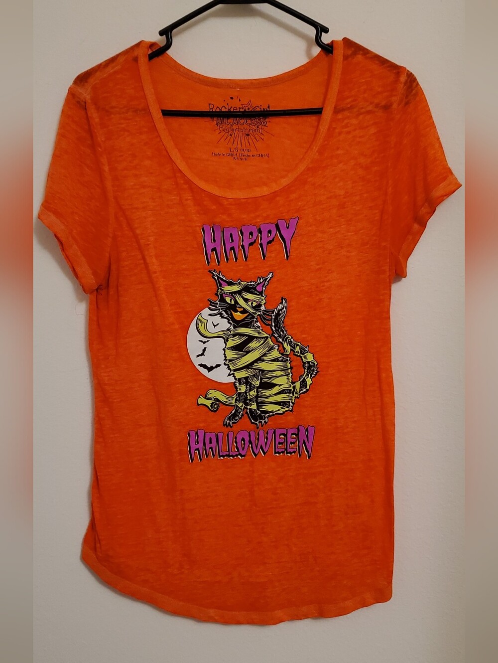 Happy Halloween Vibrant Orange Women's Black Mummy Cat Tee Size Large (11/13)